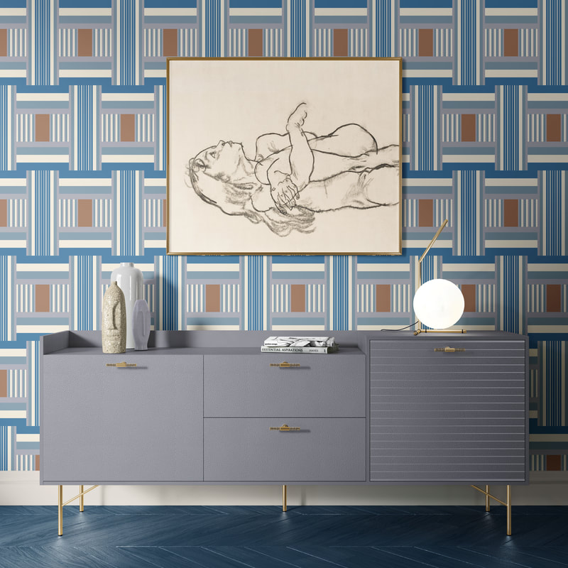 Junto Wallpaper in Blue in Living Room